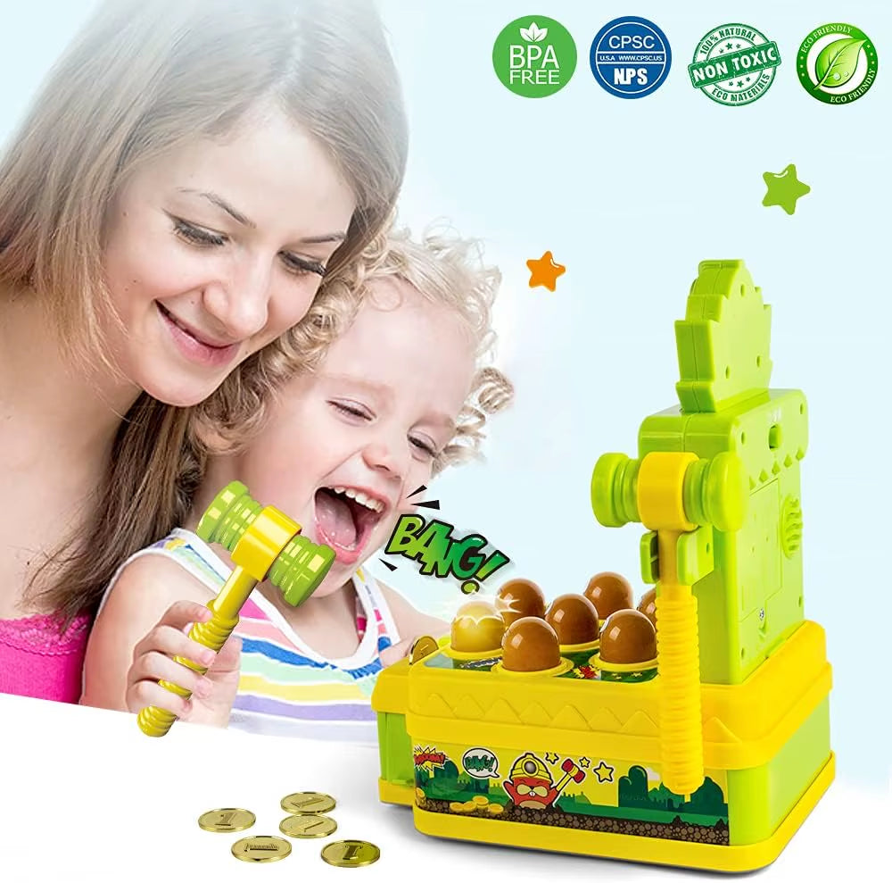 Mini Coin Operated Arcade Game Bank with 2 Hammers, Interactive Electronic Developmental Toy for Kids Ages 3-6
